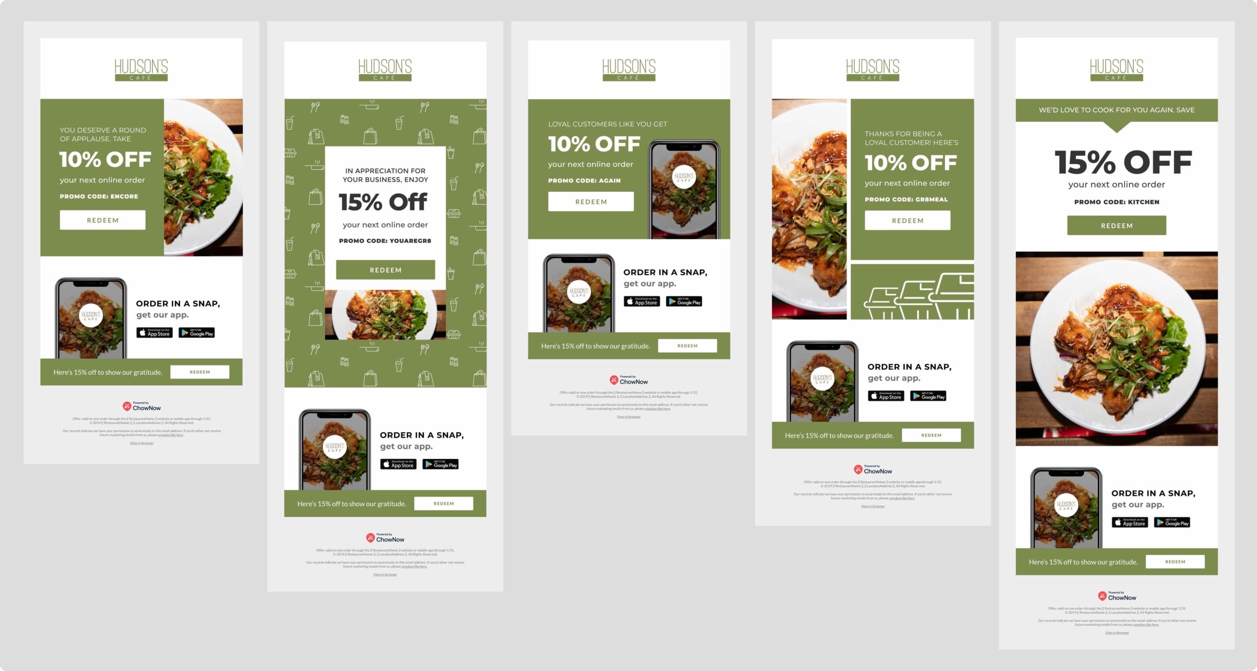 ChowNow automated email marketing campaigns showing promotional templates with discount codes and app download CTAs