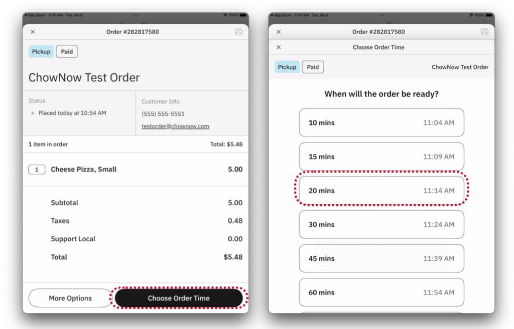 ChowNow order management tablet showing order details, customer info, prep time selection, and payment status