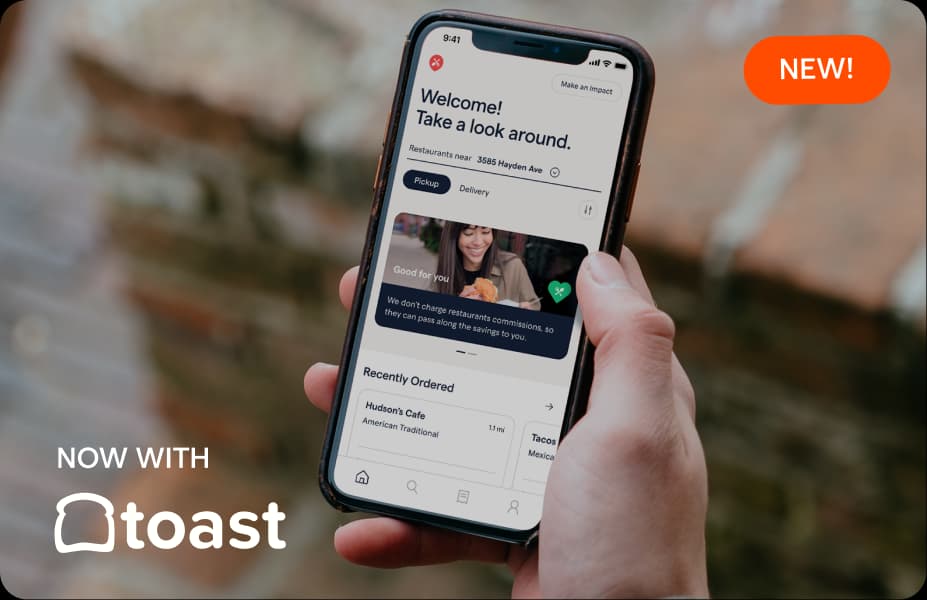 Toast mobile ordering app interface showing restaurant welcome screen and menu for comparison with ChowNow