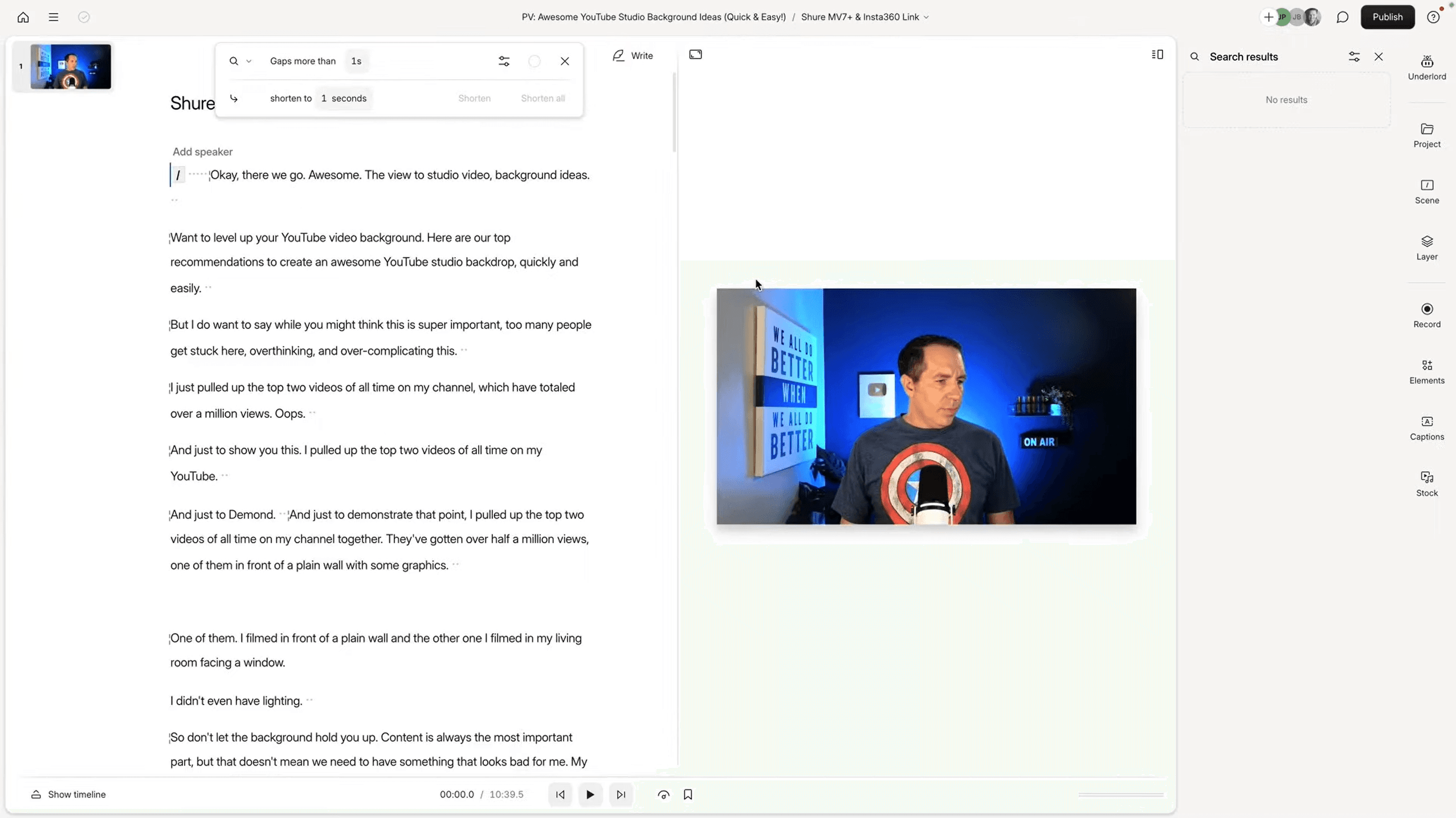 Descript AI tools panel showing filler word removal, retake detection, and word gap shortening
