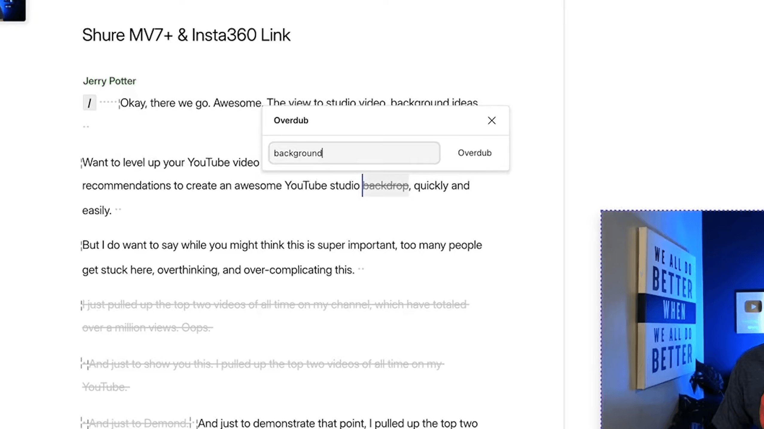 Descript AI voice regeneration and overdub feature