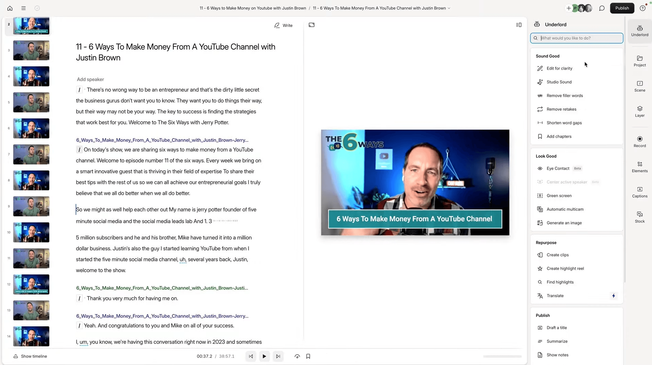Descript Underlord AI assistant suggesting video improvements and adding B-roll
