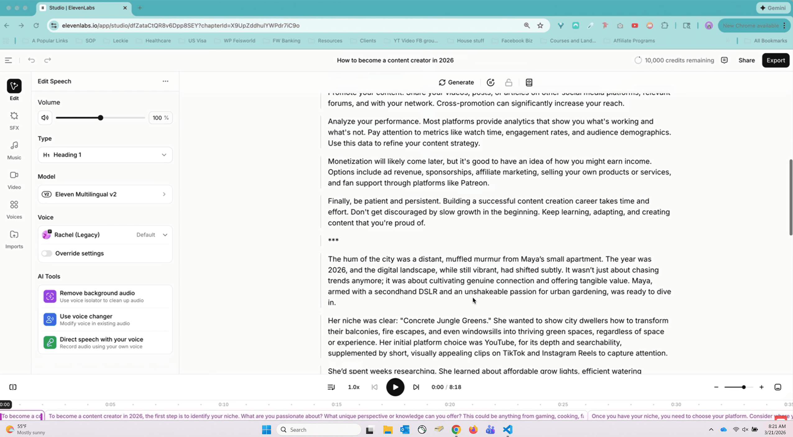 ElevenLabs Text-to-Speech interface with voice selection panel