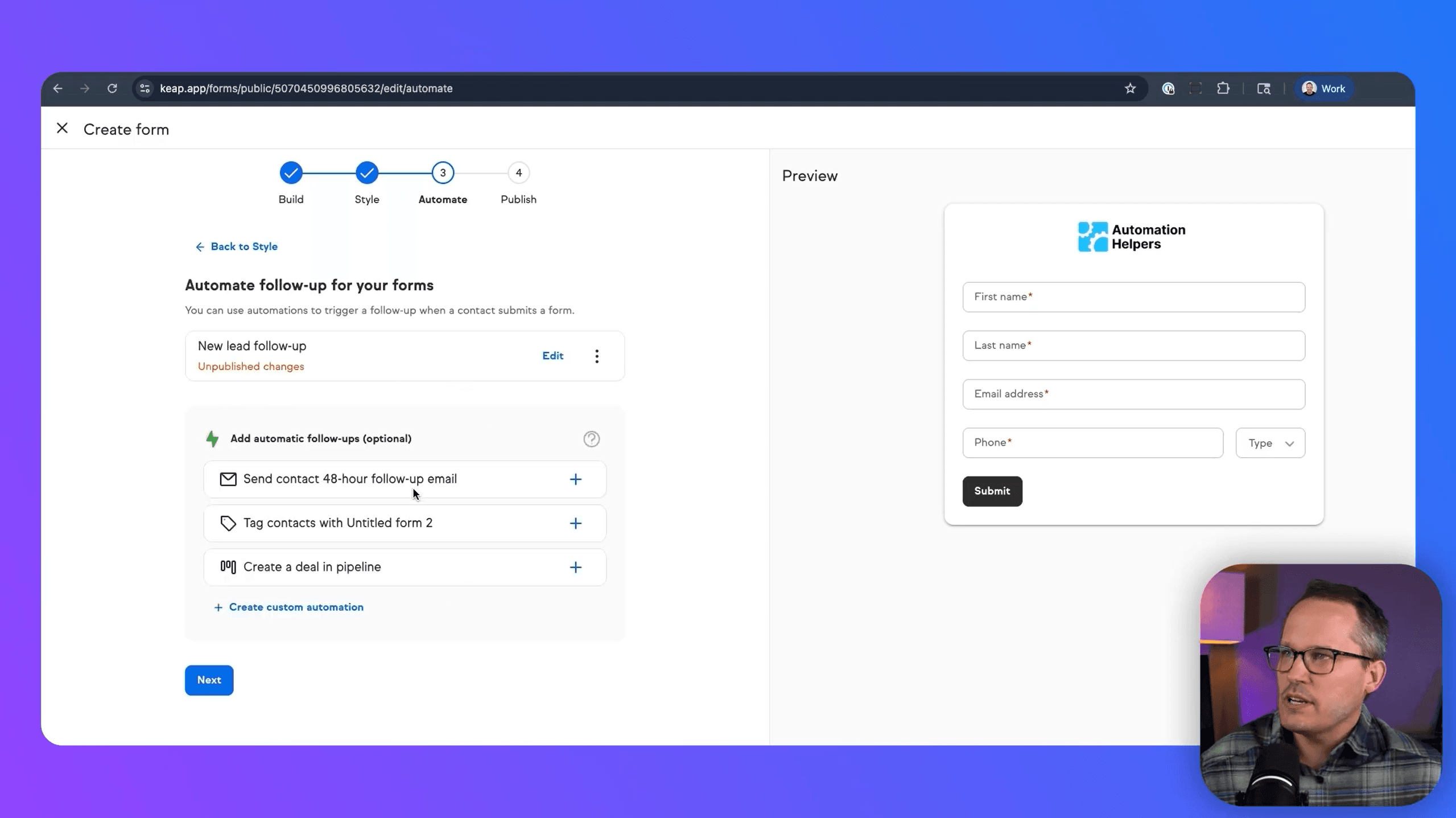 Keap automation builder with visual workflow canvas