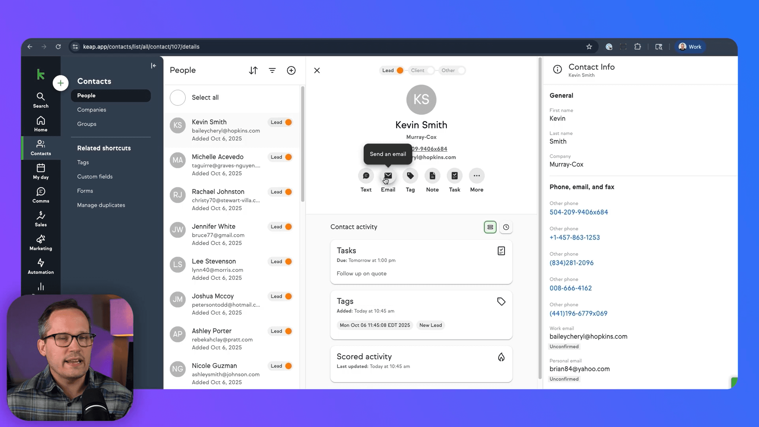 Keap CRM contact management and lead tracking interface