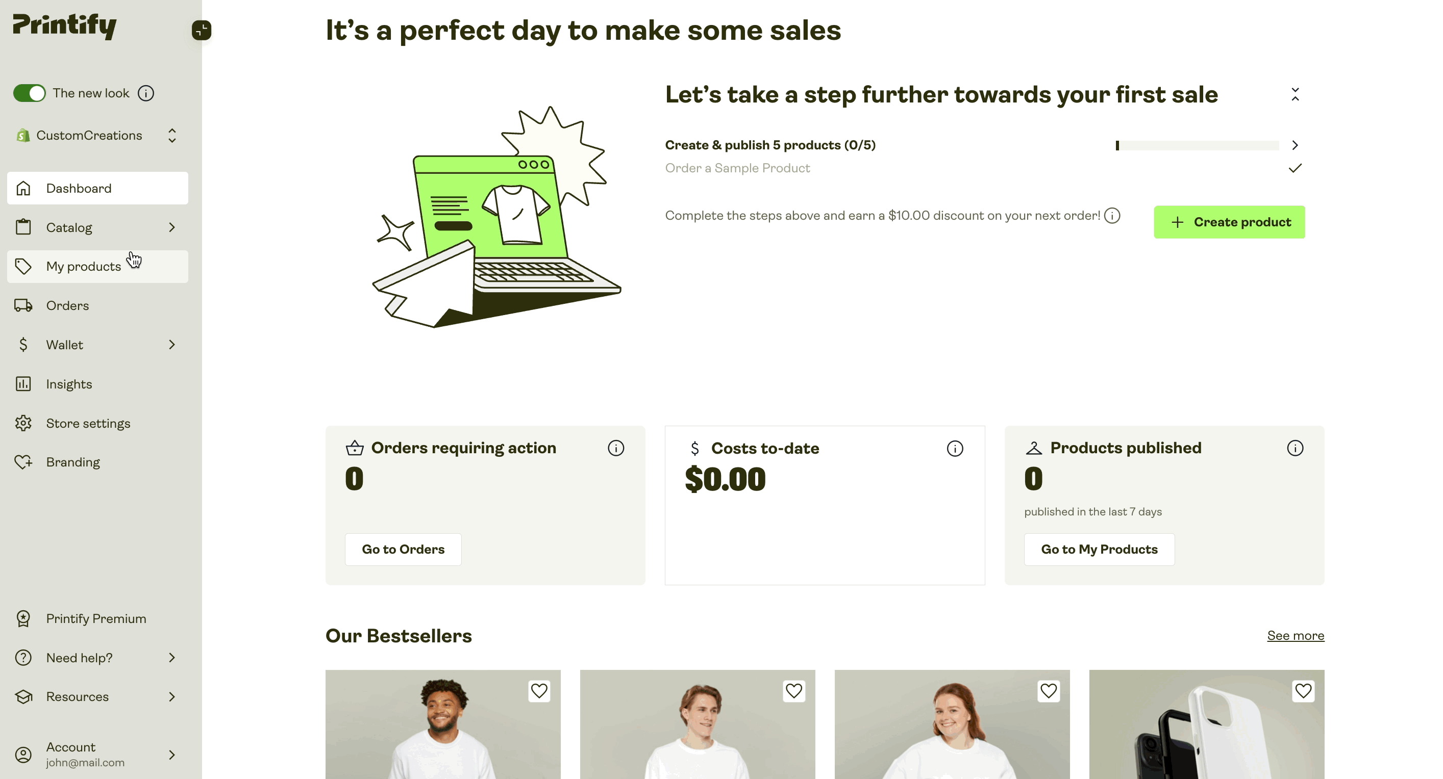 Printify dashboard showing store overview, orders, and product management