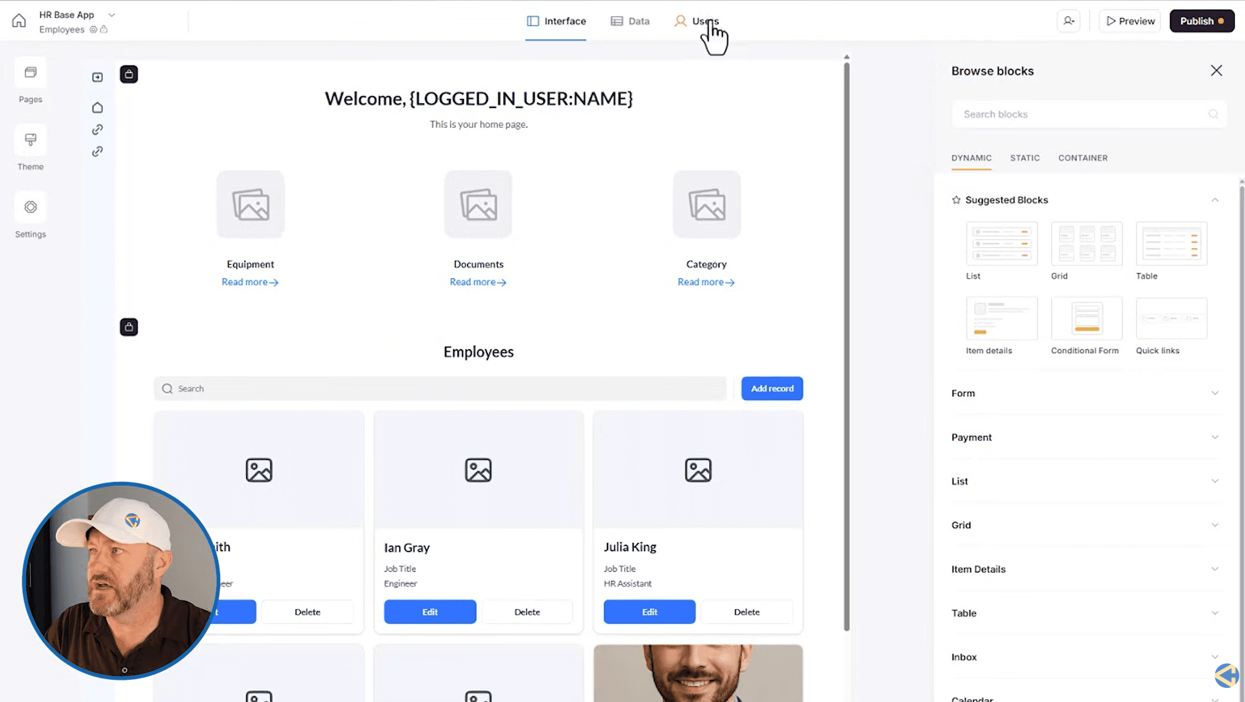 Softr app builder interface showing drag and drop page editor