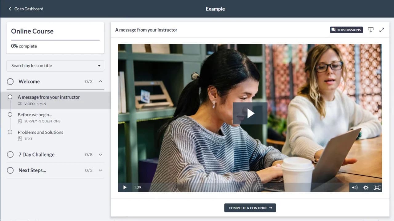 Thinkific course player showing lesson navigation, video content, progress tracking, and discussion button
