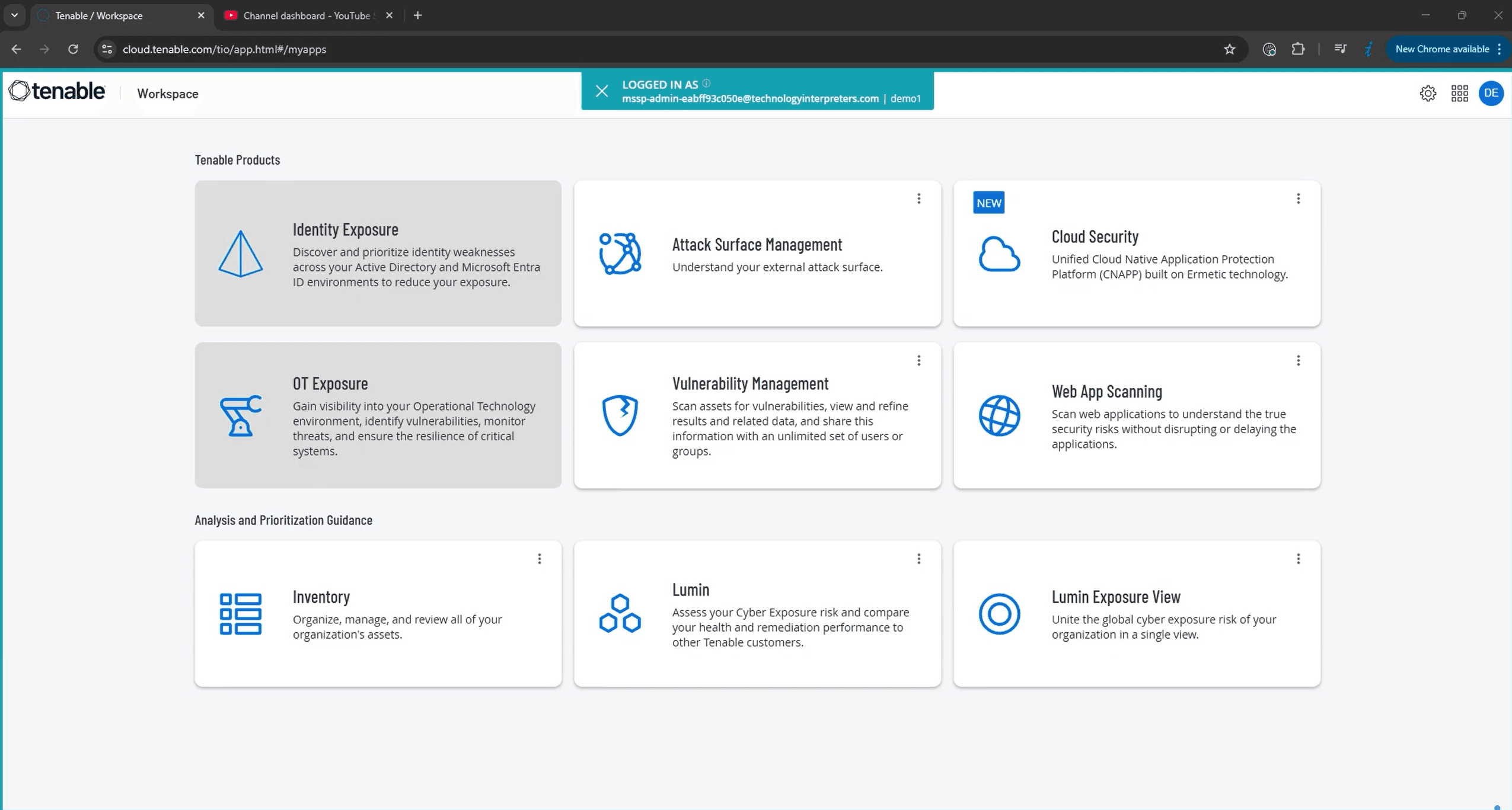 Tenable vulnerability management dashboard showing asset overview and vulnerability metrics