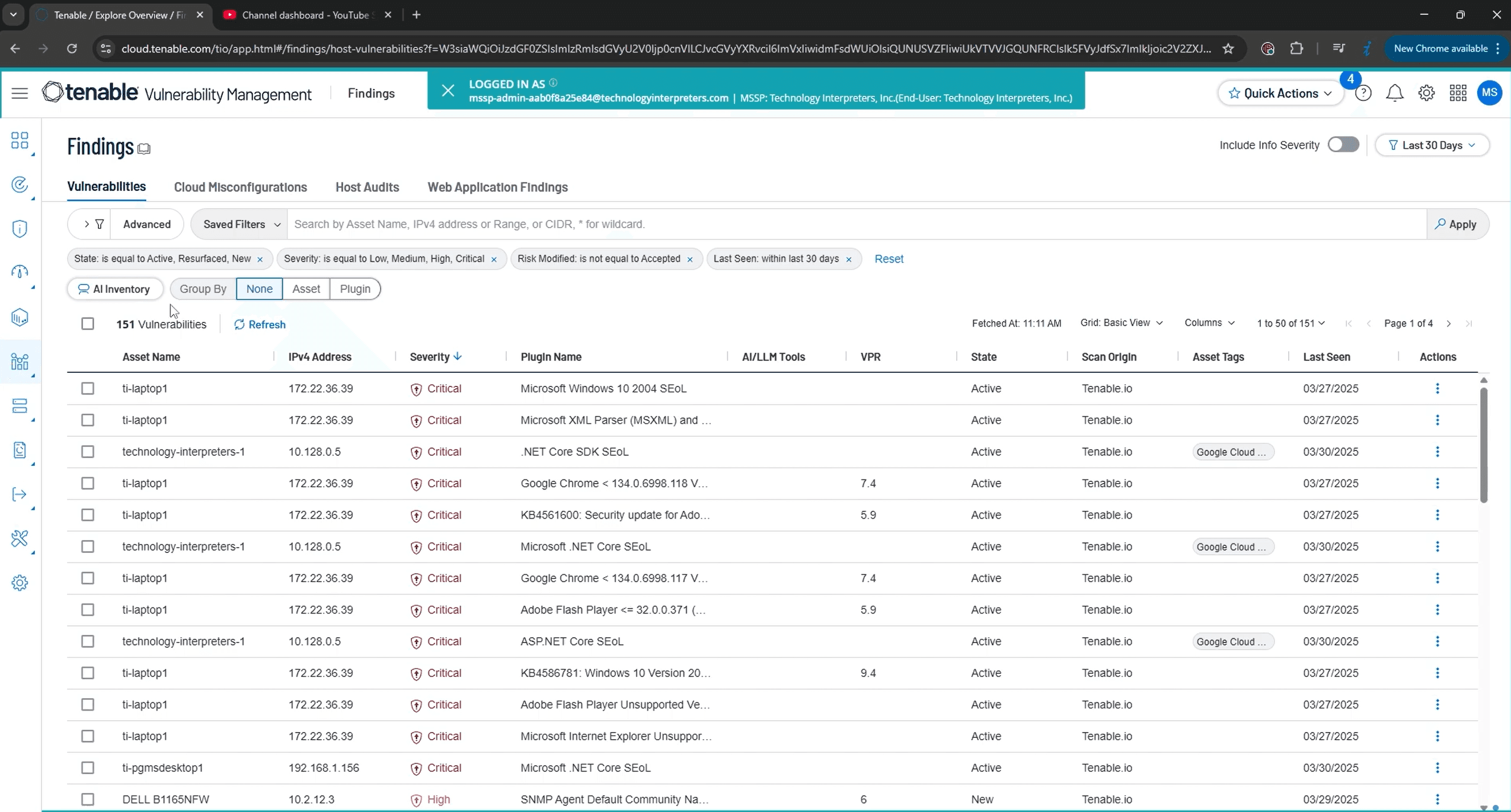 Tenable scan findings showing vulnerabilities by severity and asset